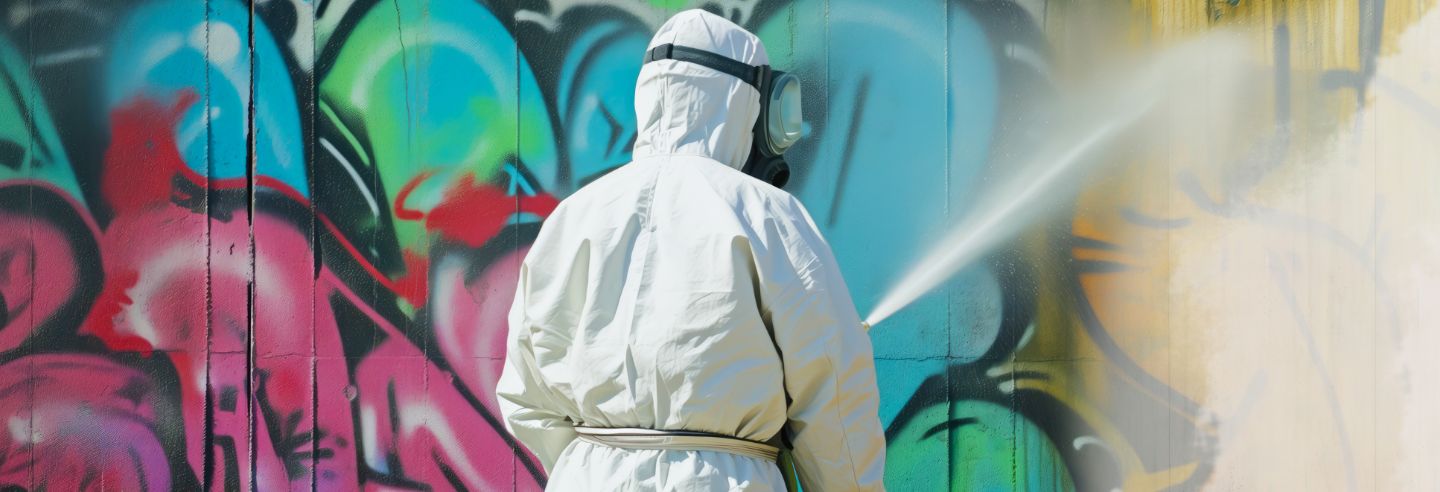 man verwijdert graffiti van muur met toestel