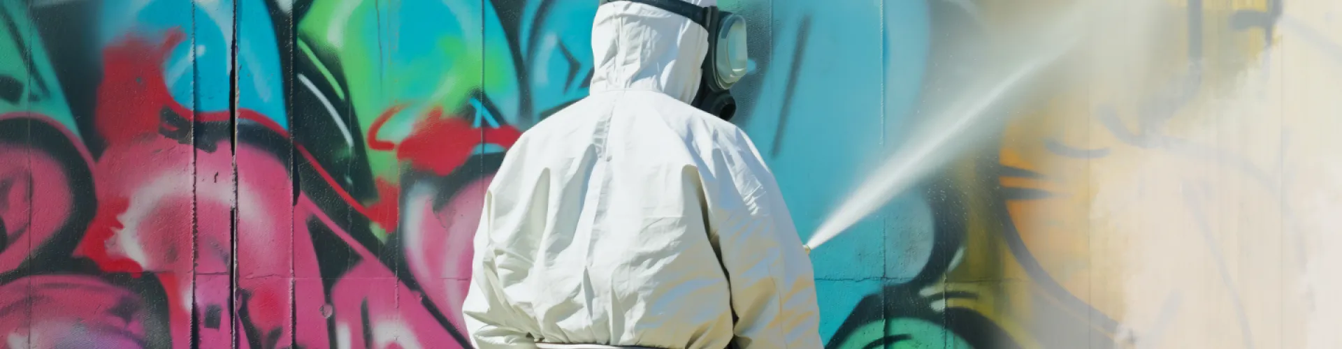 man verwijdert graffiti van muur met toestel